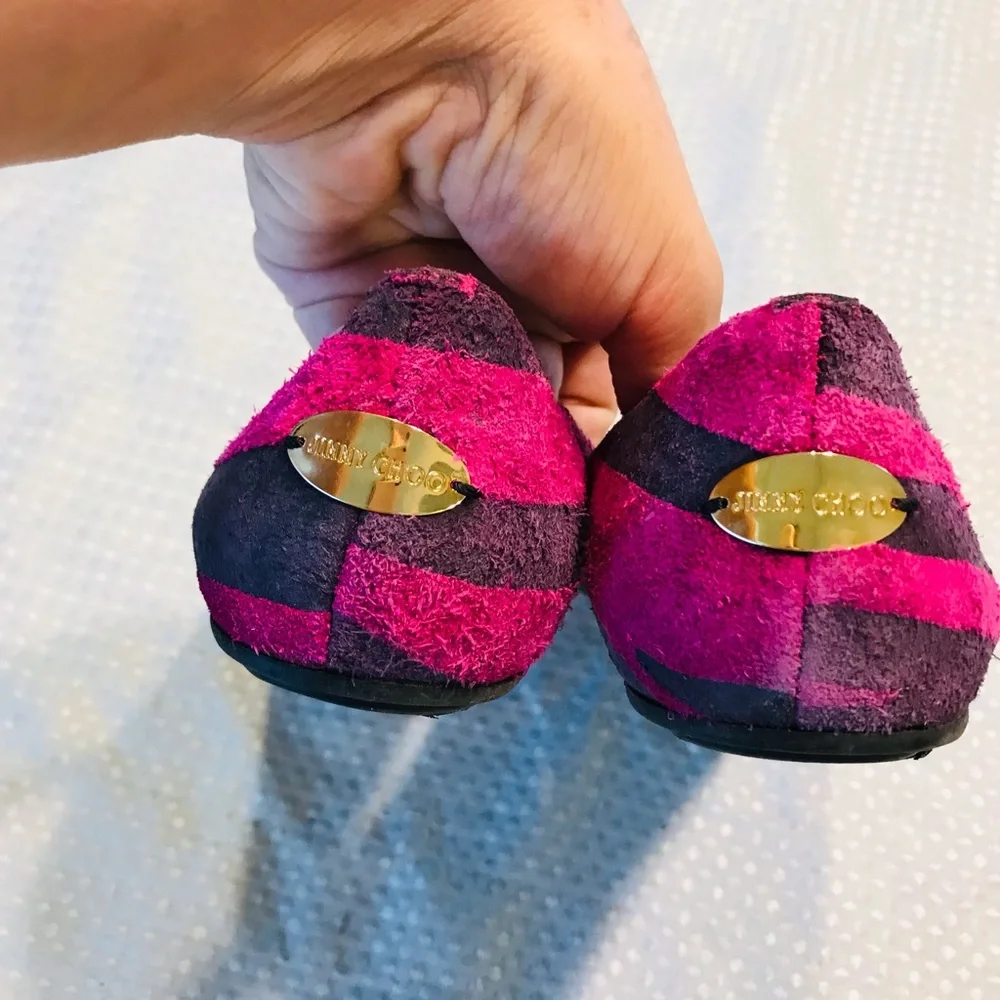 Jimmy Choo Pink and Black Striped Suede Ballet Flats